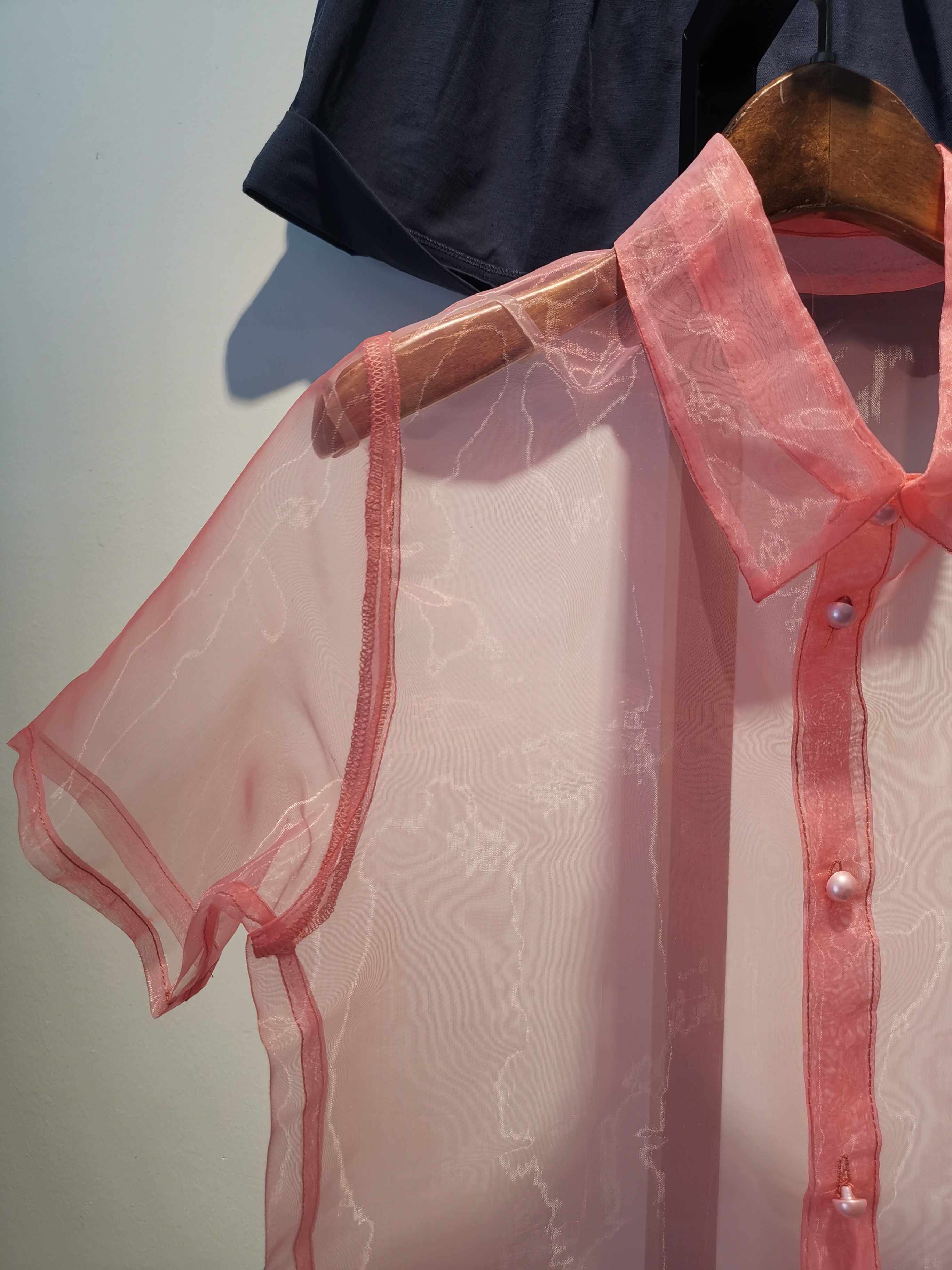 товар из китая 粒粒定制西瓜红短款欧根纱尖领短袖若隐若现假领子内搭外穿包邮