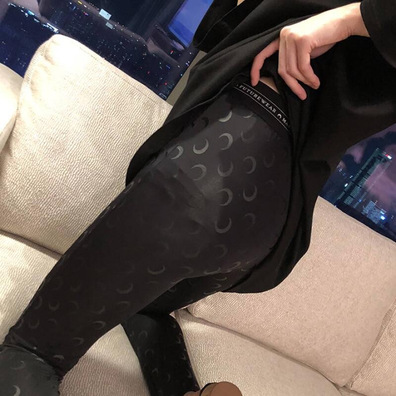 Correct Version of Marineserre Leggings with Moon Jacquard Elastic Crescent Full-Print Slimming Sports Tights