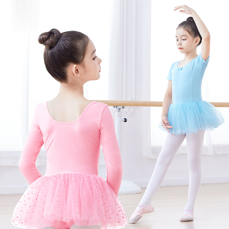 Children's dance clothes Summer short sleeves ballet practice clothes girls dance clothes girls jump dresses fluffy skirt pink
