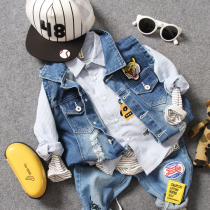 Child Cowboy Waistcoat Spring Autumn Money Boy Child Break Fries Printed Tiger Head Embroidered Vest Kan Shoulder Tide