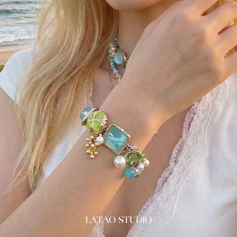 Spicy Peach Latao'Aris' Original Spring/Summer Blue-Green Imitation Pearl Flower Titanium Steel Bracelet Niche Vacation Style