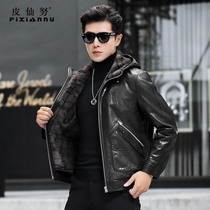 Genuine leather jacket mens hooded short mink lining leather jacket fur one-piece mink coat parka winter