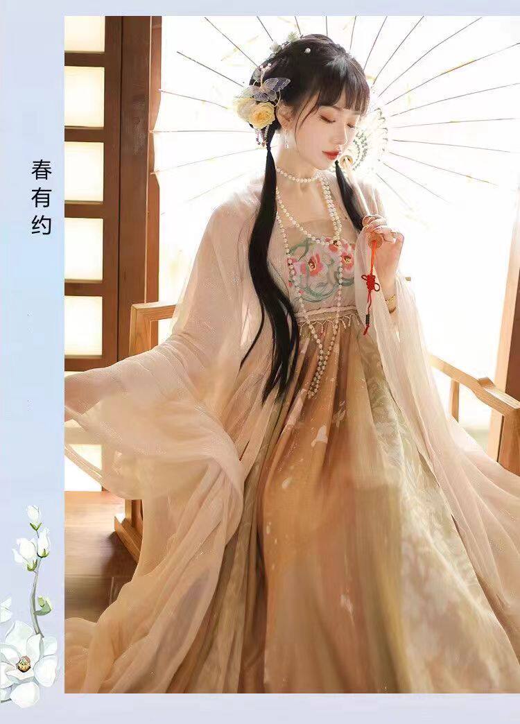 Китайцы одежда наборы 【春有约】原创唐制诃子裙汉服女大袖衫印花正品日常套装春秋款式 Tagkita