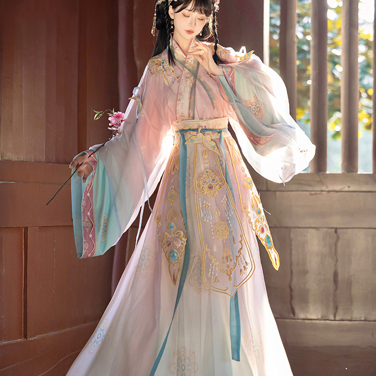 Original Hanfu in the Style of the Wei and Jin Dynasties, with Wide Sleeves, Fairy-Like, Chinese Style, Suitable for Spring and Summer, Daily Wear, Cross-Neck, Waist-Length, Slit Skirt