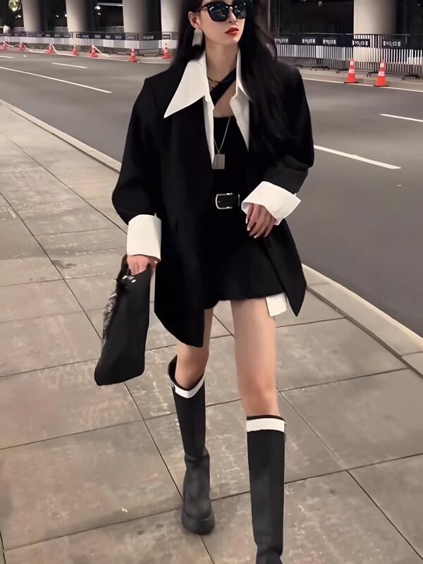 Korean Style Niche Fashion Tummy-Covering Slightly Chubby Dress Set, Spring and Autumn Super Popular Patchwork Blazer and Short Skirt Two-Piece Set