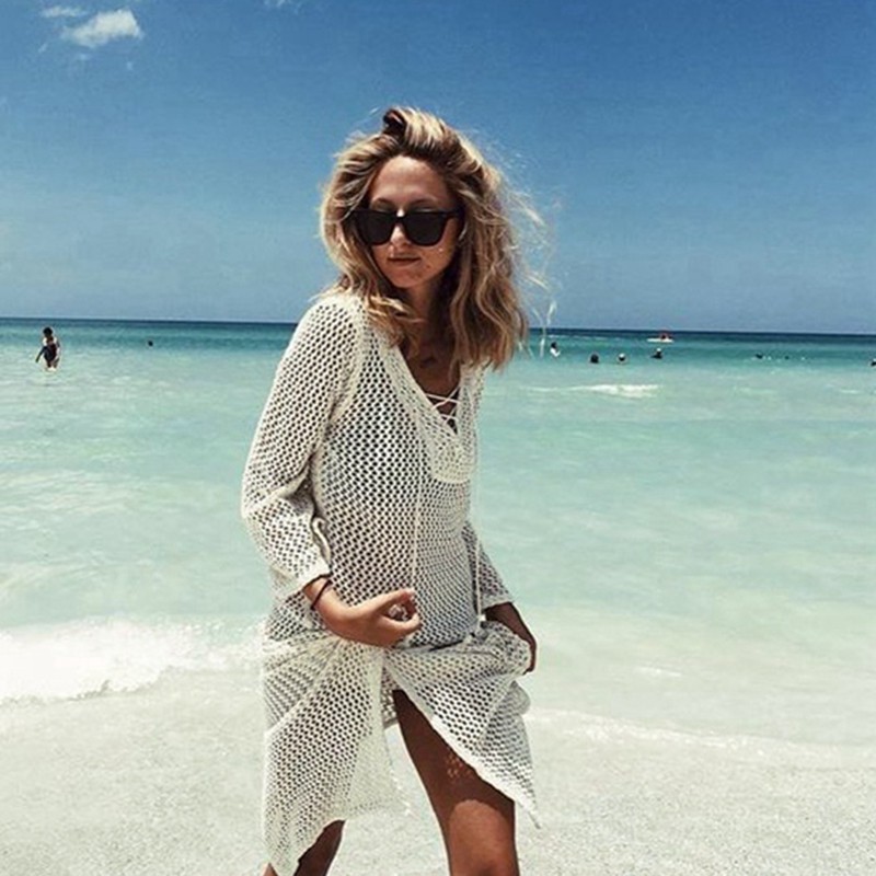 (Clear Cabin No Retreat) Sexy knit hollowed-out flow Subikini hooded sweatshirt seaside swimsuit outsuit