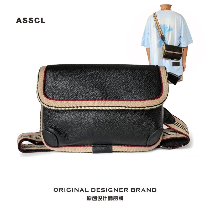 ASSCL trendy men's Messenger small square bag original casual college style postman bag cowhide ins chest bag all-match waist bag female
