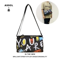 Designer hand-drawn graffiti single shoulder bag male cow skin large capacity sports fitness pack street personality barrel bag