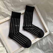 Couple socks black Middle tube cotton autumn and winter socks simple Joker vertical bar ins ladies Korean fashion tide