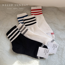 Classic three bars a socks shop spring cotton sports socks tight mouth sweat college style Korean stripes