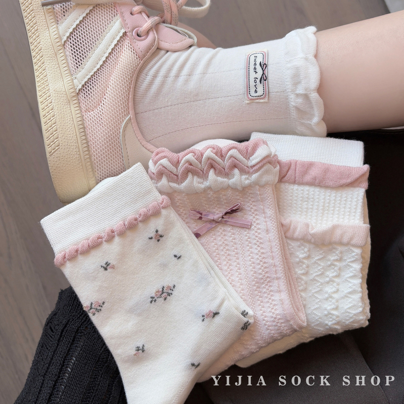 Cute Socks for Women, Mid-Calf Socks, Pink Girly Style, Seamless Pure Cotton, Cartoon Heart Decorations, Unique Spring and Autumn Long Socks