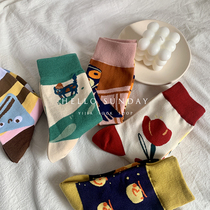 Left and right asymmetric AB personalized socks cute cartoon original Korean version of Mid socks spring cotton large size tide ins