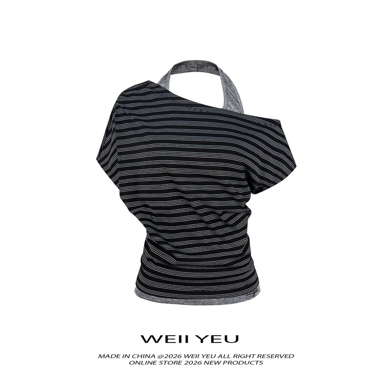 Weii Yeu American Retro Hot Girl Style One-Shoulder Striped Short-Sleeve T-Shirt for Women, Fake Two-Piece Halter Neck Slimming Short Top