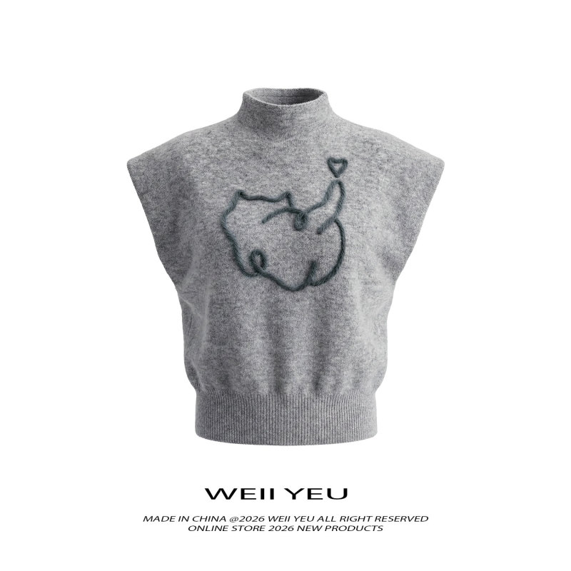 Weii Yeu Retro Cartoon Kitten Rolled Edge Half-High Collar Sleeveless Knitted Vest for Women, Loose and Versatile Layering Sweater