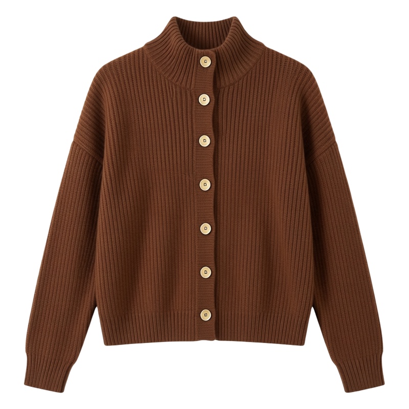 100% Pure Cotton Brown Short Sweater Cardigan Jacket for Women, Autumn and Winter Style, Elegant Inner Layer, Half-High Collar Knitted Top