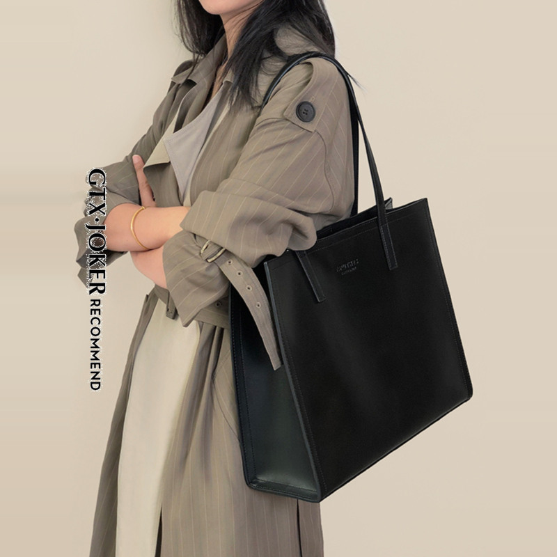 Niche Tote Bag for Women, New Large-Capacity Briefcase, Genuine Leather 14inch Computer Bag, Black Cowhide Commuting Large Bag