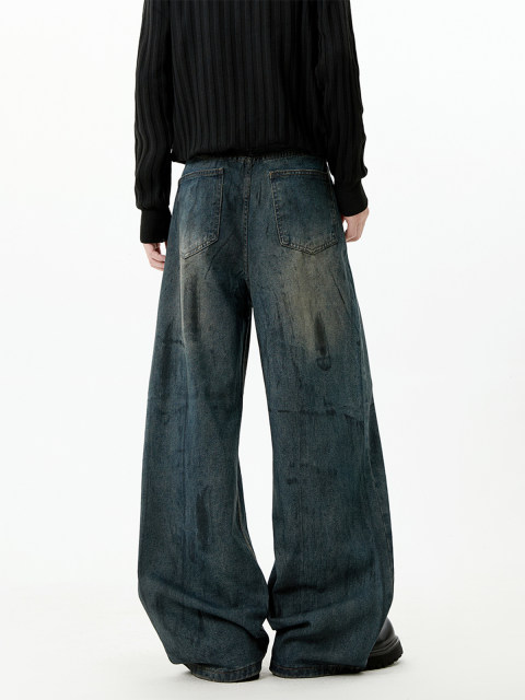 High Street Ink Dye Dirty Jeans Men's Summer American Design Handsome Scimitar Pants Retro Versatile Wide Pants