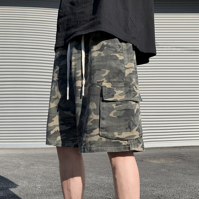 American Retro Camouflage Shorts for Men, Spring High Street Multi-Pocket Straight Cargo Pants, Trendy Brand Loose Versatile Knee-Length Shorts