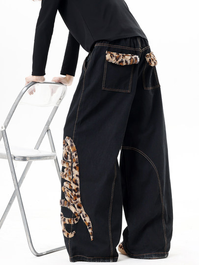 Мужские джинсы в американском стиле с модным леопардовым принтом, весенние брюки-сцимитары с вышивкой, винтажные широкие брюки в пол