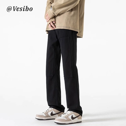 Черные летние прямые свободные джинсы, штаны, в американском стиле, облегающий крой