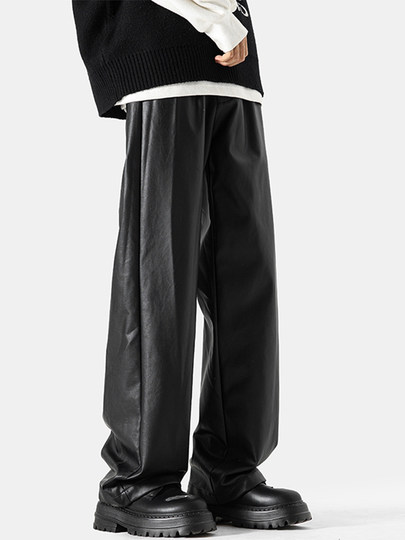 美式高街pu皮裤男冬潮牌宽松阔腿休闲裤子oversize复古百搭机车裤