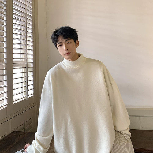 Tide, демисезонный трендовый однотонный трикотажный приятный телу свитер для отдыха, высокий воротник, в корейском стиле