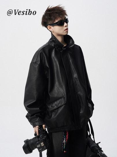 美式高街机车皮衣男冬季重磅复古翻领皮夹克cleanfit百搭情侣外套
