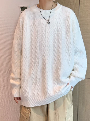 Белый японский демисезонный цветной ретро трикотажный свитер, круглый воротник, в корейском стиле