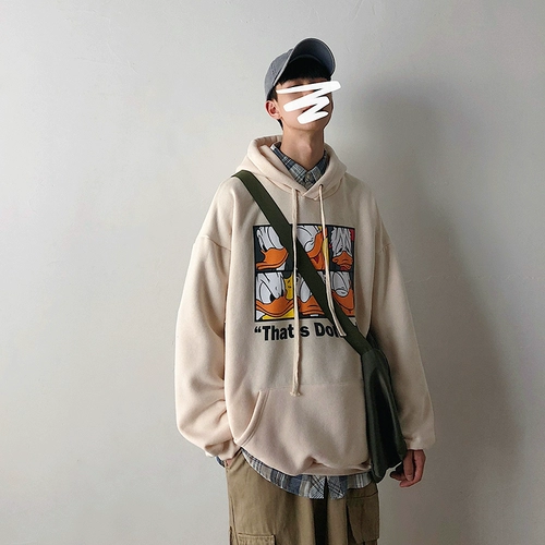 Свитшот с капюшоном, трендовые джинсы с начесом для отдыха, мультяшная утепленная куртка для школьников, в корейском стиле, оверсайз