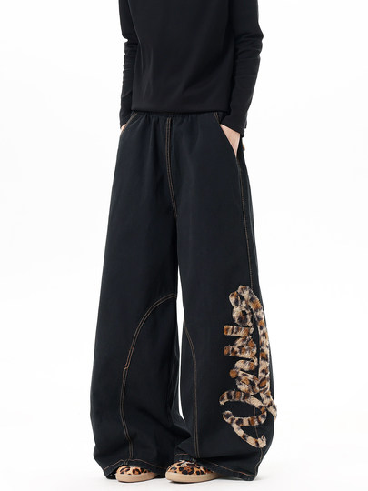 Мужские джинсы в американском стиле с модным леопардовым принтом, весенние брюки-сцимитары с вышивкой, винтажные широкие брюки в пол