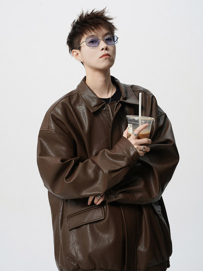 美式高街机车皮衣男冬季重磅复古翻领皮夹克cleanfit百搭情侣外套