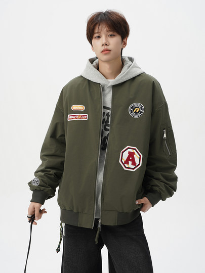 Chaqueta americana con cuello de béisbol para hombre, diseño de insignia retro de invierno, ropa de motocicleta, ropa de trabajo holgada de calle, chaqueta de moda