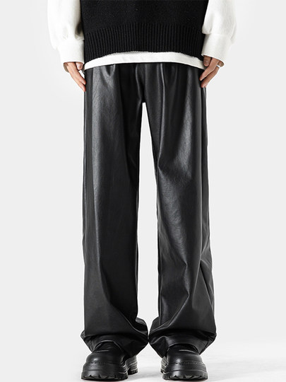 美式高街pu皮裤男冬潮牌宽松阔腿休闲裤子oversize复古百搭机车裤