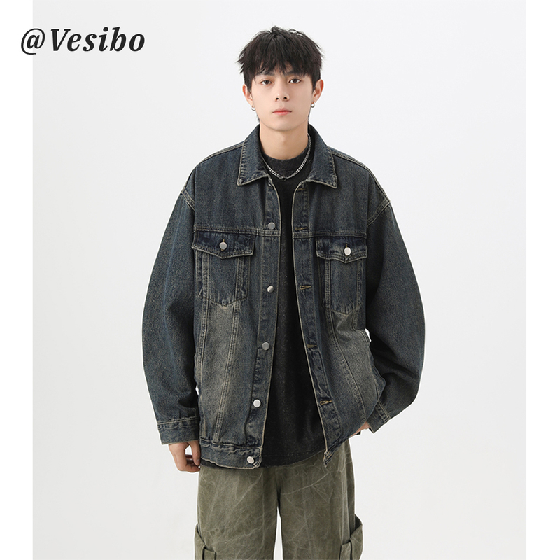 American-Style Washed Denim Jacket for Men, Autumn High Street Vintage Distressed Workwear Jacket, Trendy Brand Versatile Casual Top for Couples