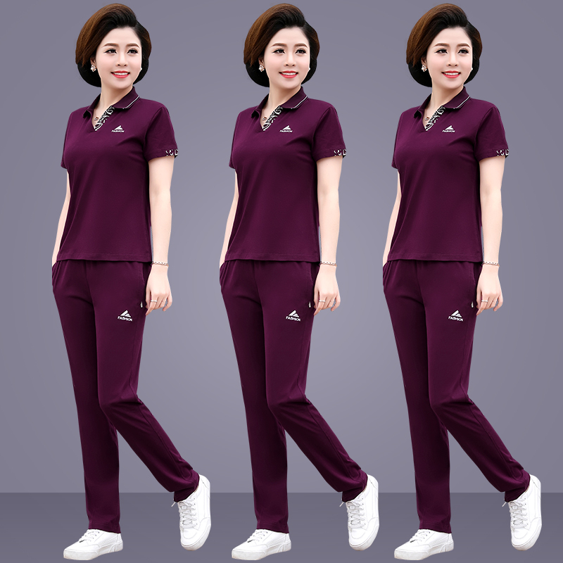 Middle-Aged and Elderly Women's Summer New Short-Sleeved Long Pants Casual Sportswear Middle-Aged Mother's Summer Suit Fashionable