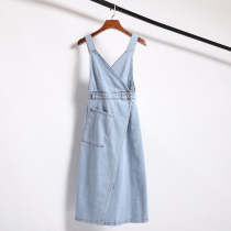 One piece of reduced age denim Harness Skirt Woman 2022 New summer Euros Long style loose harness Libra dress