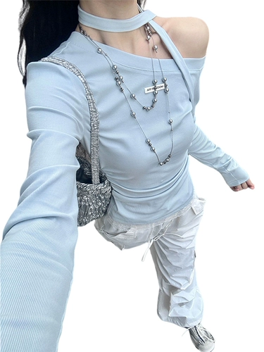 Синий приталенный дизайнерский лонгслив, осенний, тренд сезона