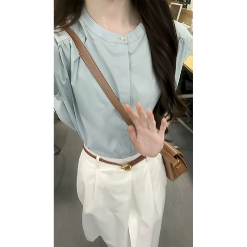 Летняя синяя рубашка с короткими рукавами и рубашка для женщин 2025 Новый легкий роскошный высококачественный французский молочный в стиле нежный дофаминовый топ