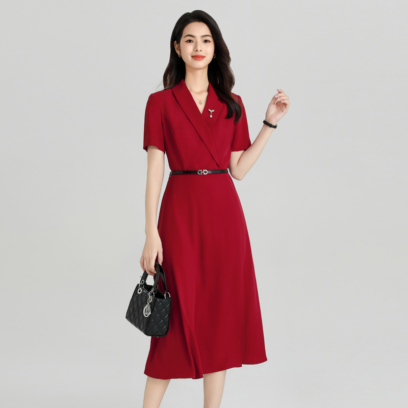 Red Goddess Style Professional Dress for Women, New Summer Short-Sleeved Elegant Commuter Ol Slimming Solid Color Women's Dress
