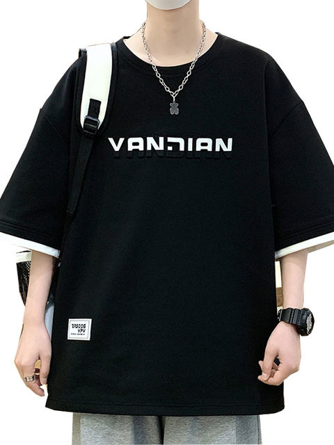Trendy inst shirt men's summer plus fat large size loose letter print t-shirt heavy 280g fat casual short-sleeved