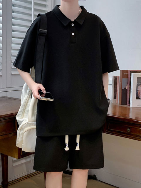 Waffle Casual Suit for Men, Summer Polo Shirt, Short-Sleeved, Plus Size, a Set of Trendy Brand Sportswear for Fat Men