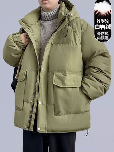 加大码纯色连帽羽绒服男冬季白鸭绒美式潮牌加厚保暖胖子工装外套