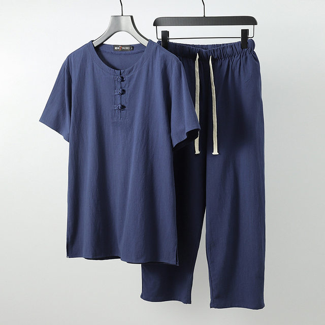 Summer Cotton and Linen Short-Sleeve Men's Plus-Size Chinese Style Loose-Fitting Linen Set for Big and Tall Men, Trendy Oversized T-Shirt 5