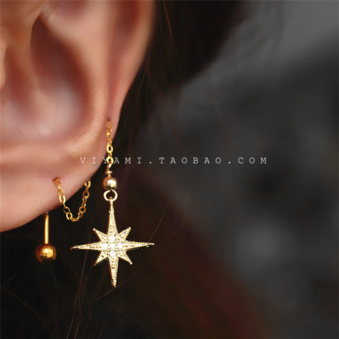 South Korea Sparkling North Pole Star Golden Earnail Conjoined Biehole Ear Chain Long Temperament South Korea Super Fairy single earline-Taobao