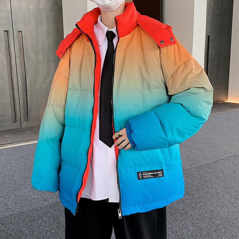 2021 Couples Down Jacket Men's Winter New Hong Kong Trend Gradient Rainbow Color Thickened Handsome Student Men's Jacket