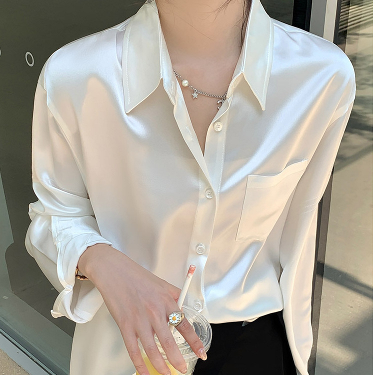 French Acetate Satin White Long-Sleeved Shirt for Women, Spring and Autumn Retro Top, High-End Fashion Silk Versatile Shirt