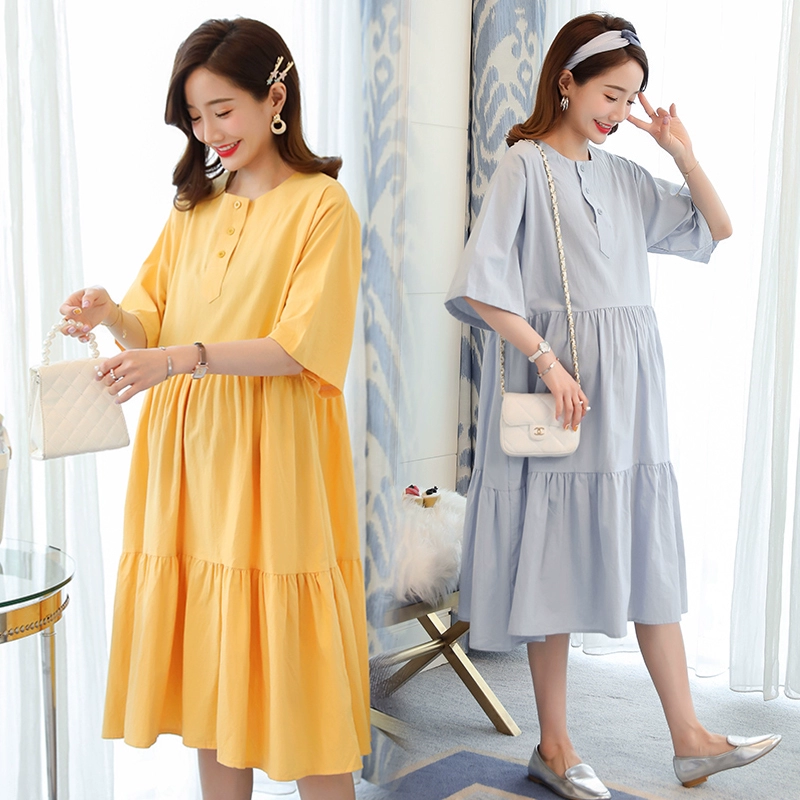 Váy dành cho bà bầu hợp thời trang Mùa hè 2020 Phụ nữ mang thai Hàn Quốc Váy cotton Linen Mùa hè Tay ngắn rời Váy tươi mỏng - Áo thai sản