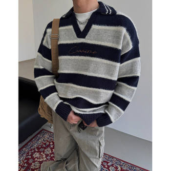 Men's american retro v-neck lapel knitted sweater loose striped contrast embroidery college style casual pullover Men's american retro v-neck lapel knitted sweater loose striped contrast embroidery college style casual pullover