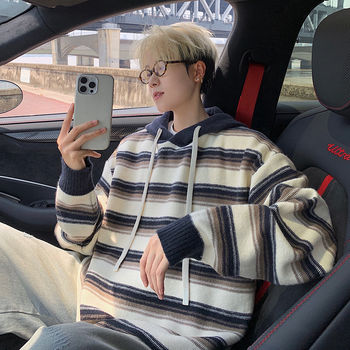 Men's hooded pullover knitted sweater, loose casual retro striped long-sleeved sweater, autumn and winter hong kong style trend Men's hooded pullover knitted sweater, loose casual retro striped long-sleeved sweater, autumn and winter hong kong style trend