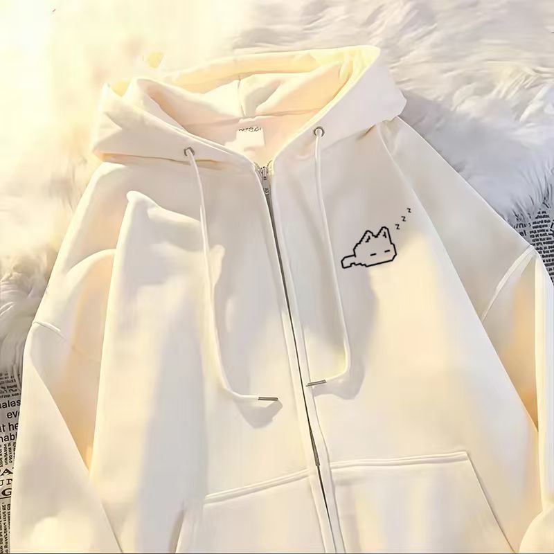 Girls' Simple Hooded Cardigan Jacket for Older Children, Autumn and Winter, Cute Cat Zipper Jacket, Hoodie Top for Middle School Students